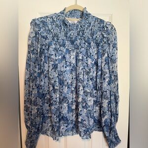 Paris Atelier & Other Stories Blue Floral Smocked Mockneck Blouse Size US 10